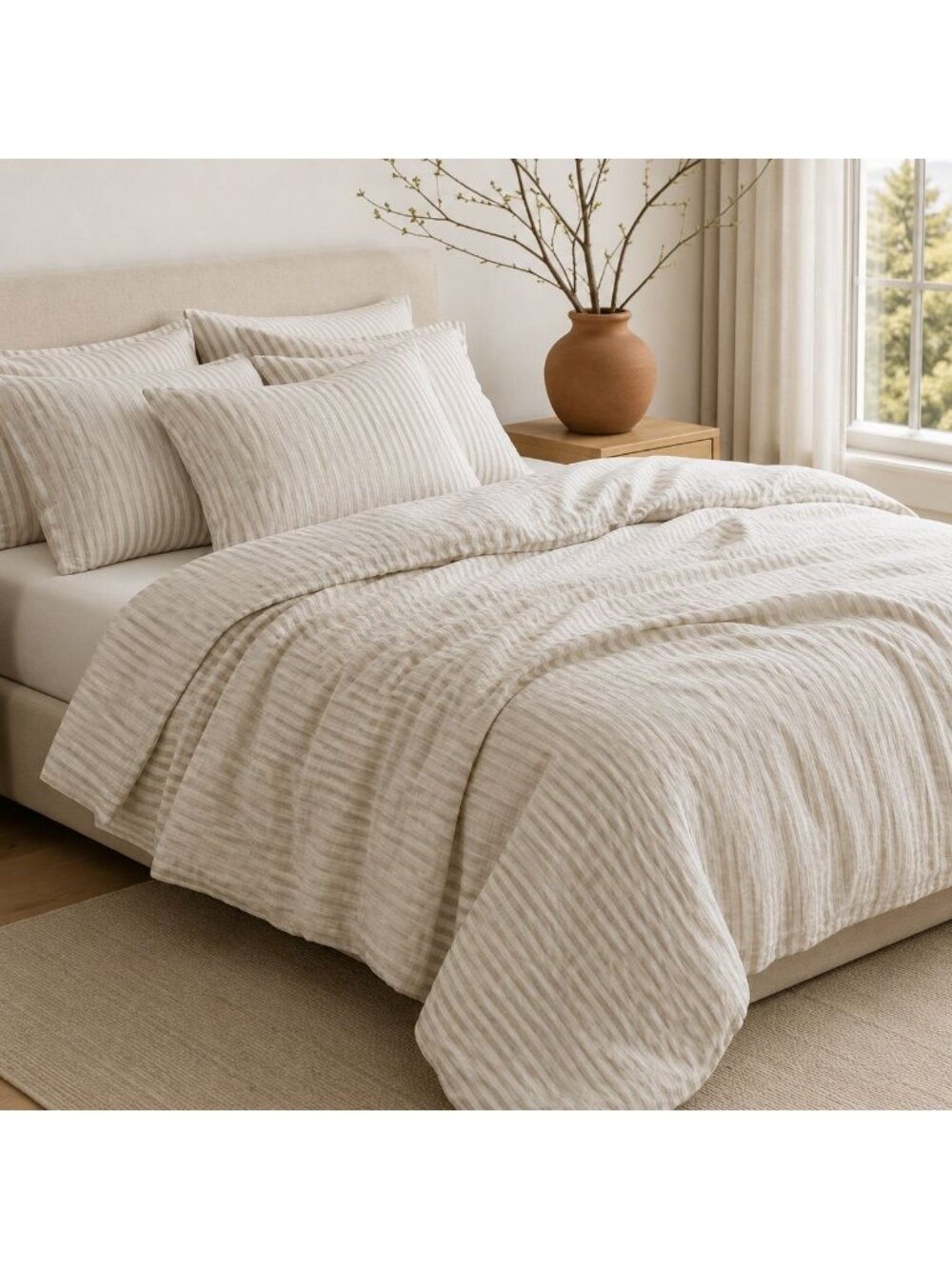 S34 | Quince European Linen Duvet Cover Set King Cal King Natural/White Stripe N - Picture 12 of 13